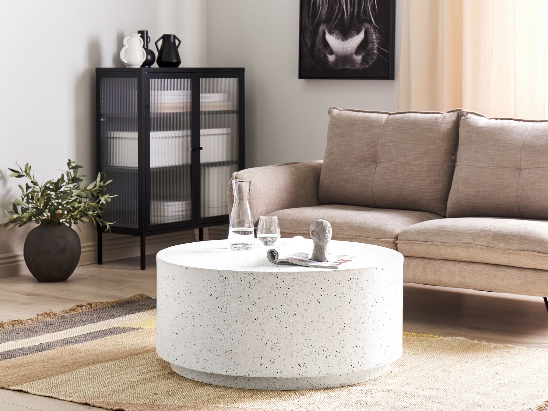 TREZZO ROUND COFFEE TABLE IN OFF - WHITE TERRAZZO EFFECT